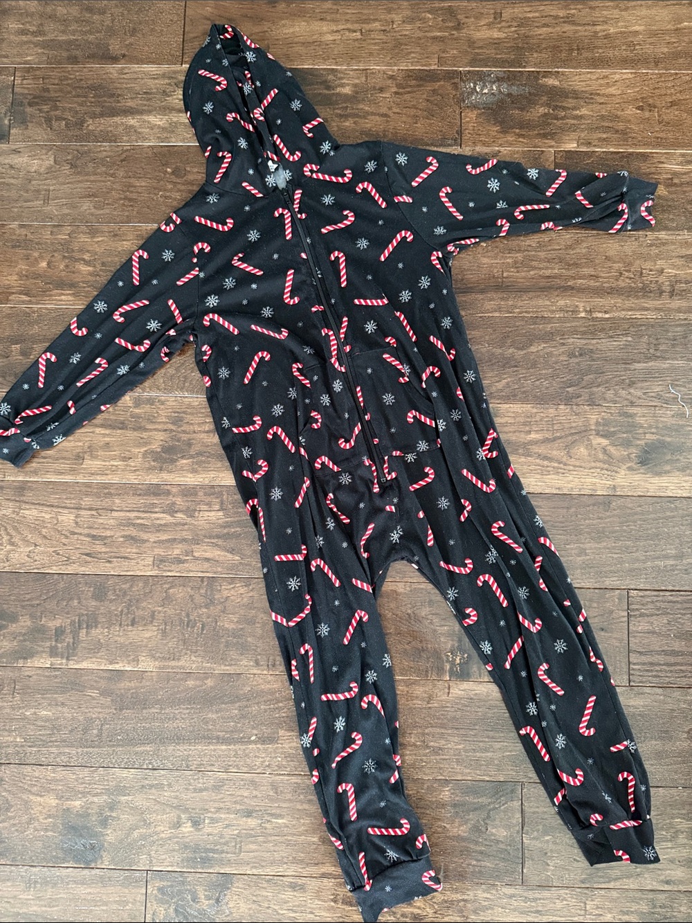 Kids Black Candy Cane Print Hooded One-Piece Pajama